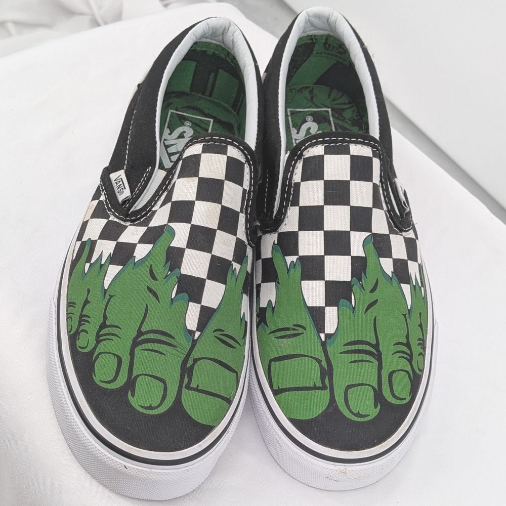 Vans Slip-On Sneakers Black White Green Checkerboard Graphic - Picture 2 of 10
